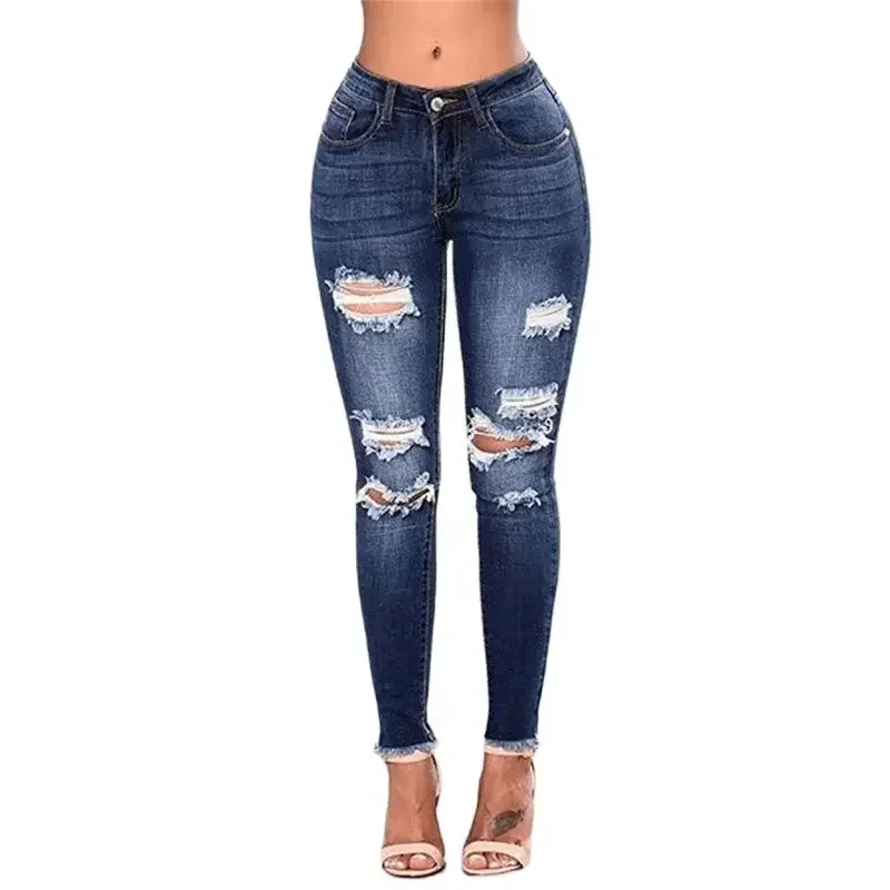 Women Fashion Trend Multiple Holes Denim Pants Female Casual Commuter Pencil Jeans Skinny Stretch Mid Waist Trousers Streetwear