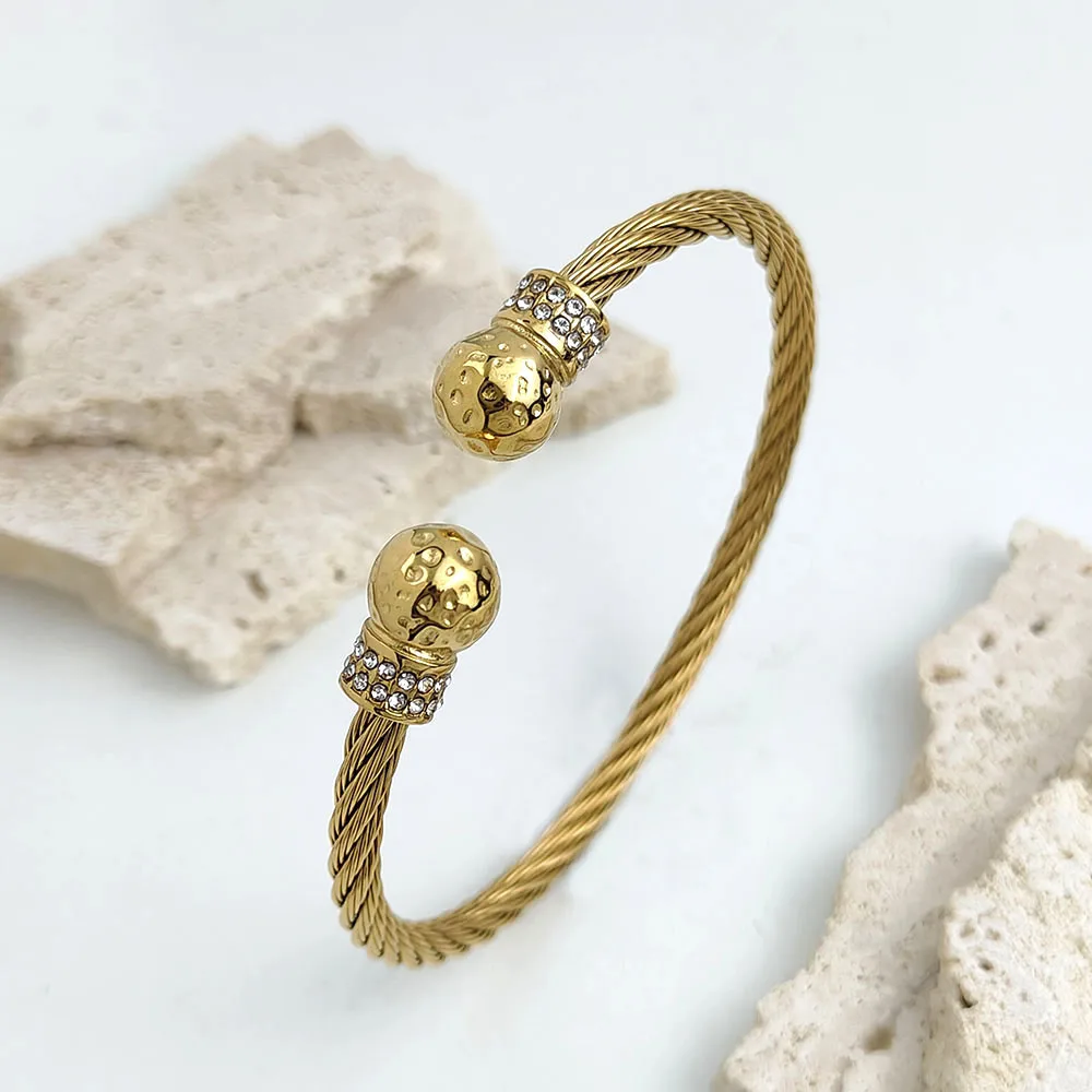 Wire button double ball stainless steel gold plated 18K bracelet, high quality waterproof silver jewelry, gift for wife