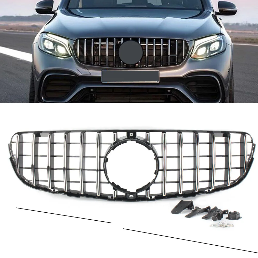 Chrome Car Front Bumper Mesh Grille Radiator Grill w/ Camera For Mercedes Benz W253 GLC Class GLC250 GLC300 2015 2016 2017 2018