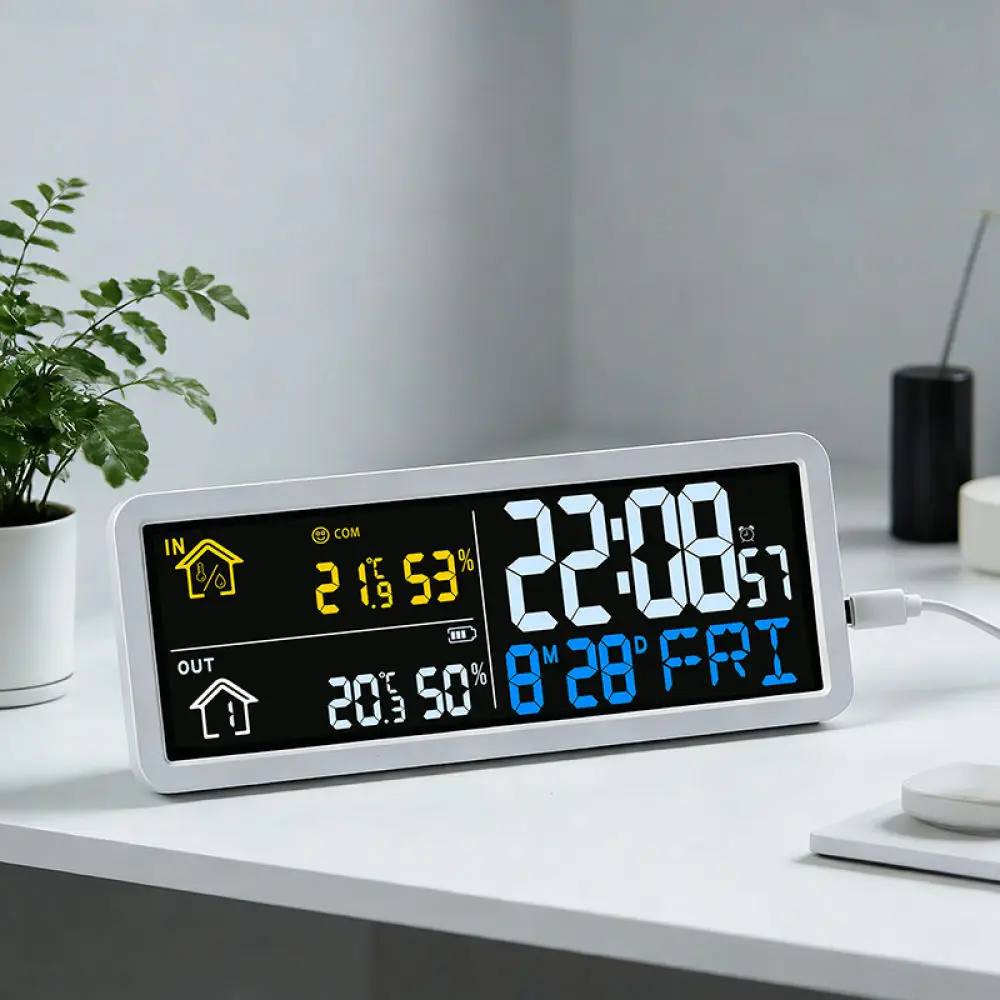 Wireless Outdoor Sensor LCD Clock Weather Station Indoor Temperature Humidity Monitor Modern Desk Wall Time Tool