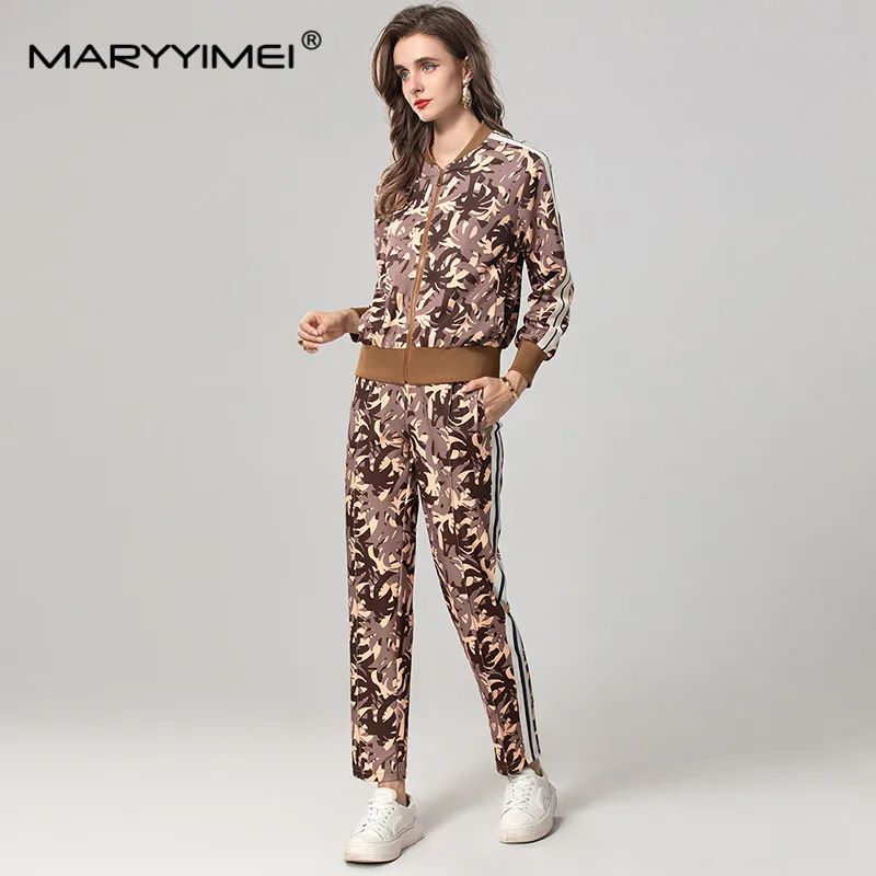 MARYYIMEI New Style Women\'s Suit Autumn and Winter Stand Collar Long Sleeved Tops+Pencil pants Unique printed 2 piece set