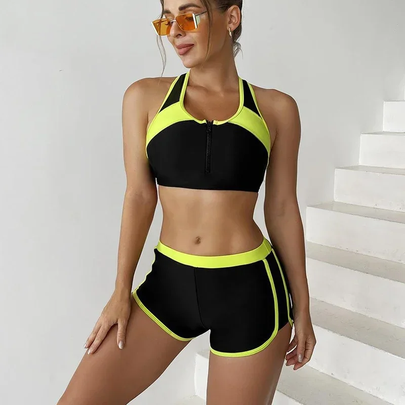 Maillot de bain fendu taille haute pour femme, noir, rouge, sport, bikini, sexy, fermeture éclair, maillots de bain trempés, boxer, vêtements de plage, été, nouveau, 2024