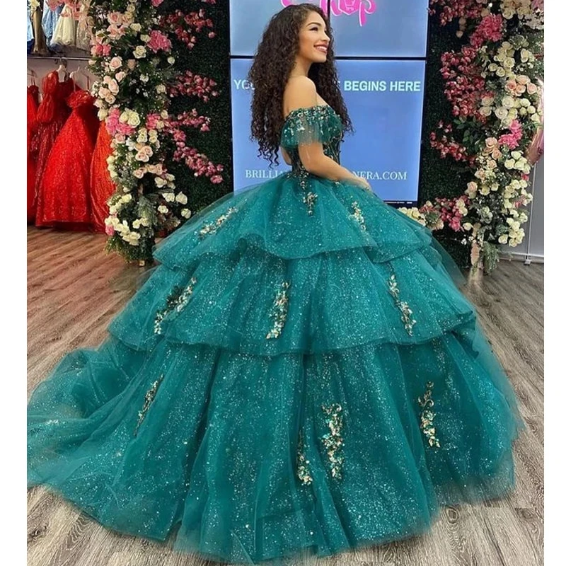 ANGELSBRIDEP Smaragdgroene Quinceanera Jurk Off Schouder Applicaties Pailletten Bloemen Kralen Vestidos De 15 Anos Aangepaste