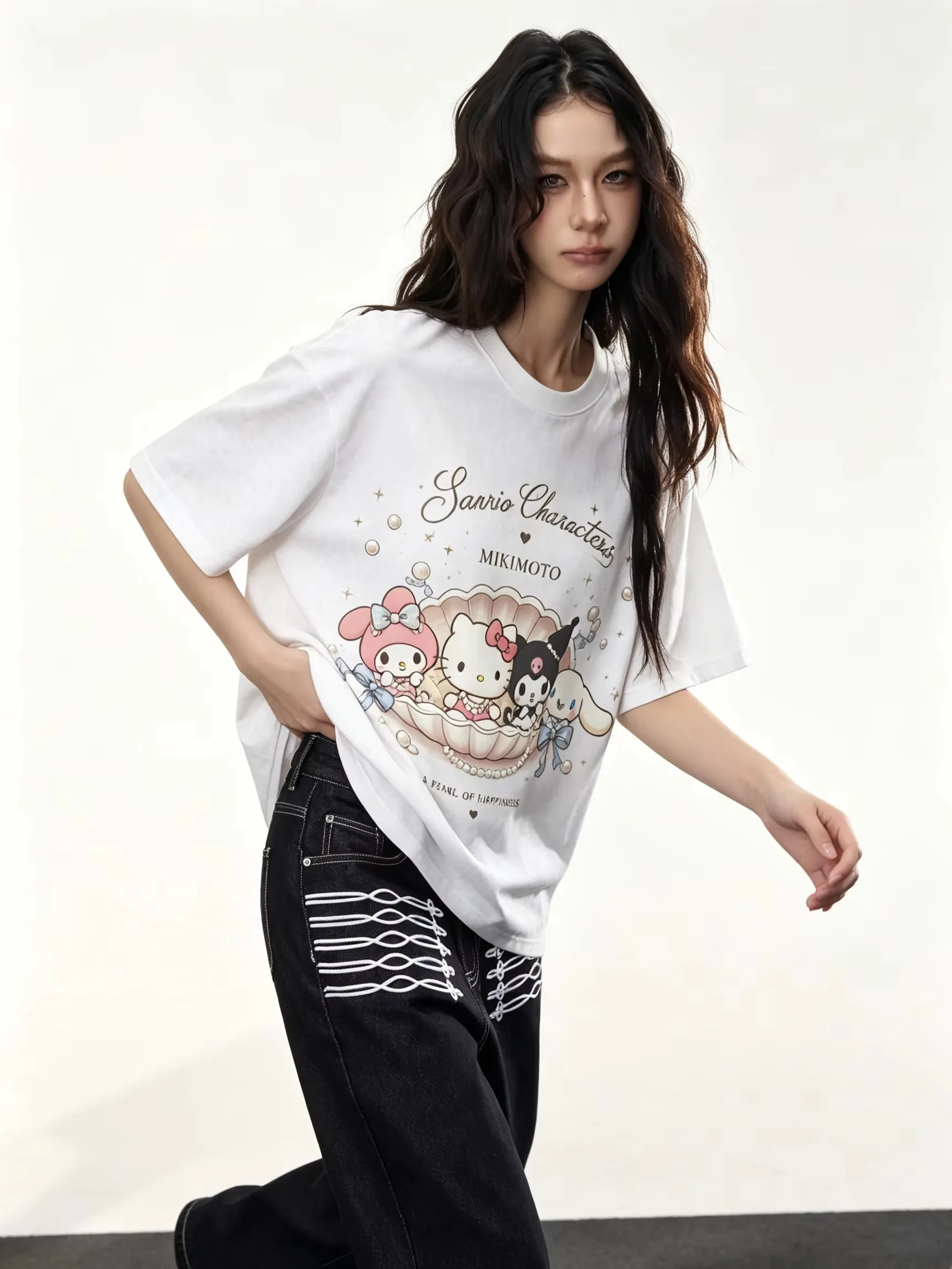 Unisex Men's Women's Sanrio Hello Kitty Crystal Ruby Heart Graphic Print T Shirt Black Luxury Streetwear Short Sleeve Top
