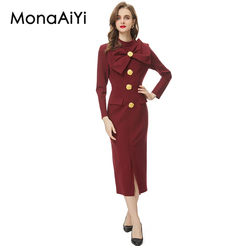 

MonaAiYi New Fashion Runway Designer Women's Retro Style Standing Neck Long Sleeved Large Gold Buckle Bow Slit Hip Wrap Dress