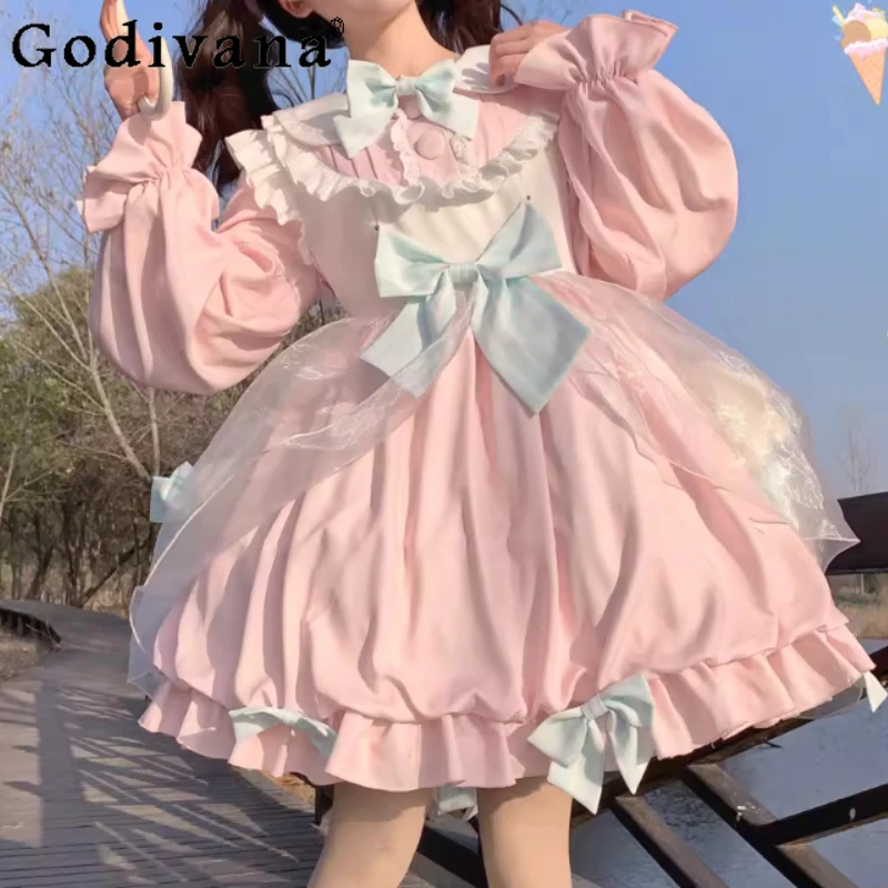 

Lolita Long Sleeve Sweet Peter Pan Collar Cute Girl High Waist Dress Fashion Versatile Age Reduction A-line Japanese Dresses