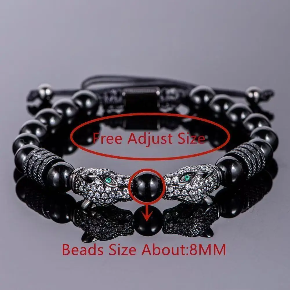 2026 New Luxury Black Stone Beads Man Bracelet Leopard Head Charms Women Bracelets Couple Unisex Jewelry Valentine's Day