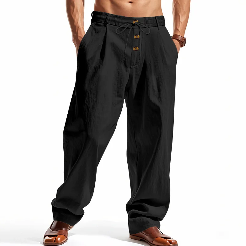 Herren Boho Leinenmischung Weite Hose mit Hoher Taille, Kordelzug, Knopfleiste, Lockerer Passform und Seitentaschen – Detail 18