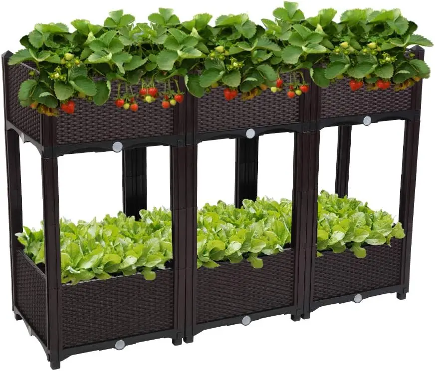 Indoor Outdoor All Weather Plastic Square Self-Watering Raised Garden Bed for Vegetables Fruits Flowers