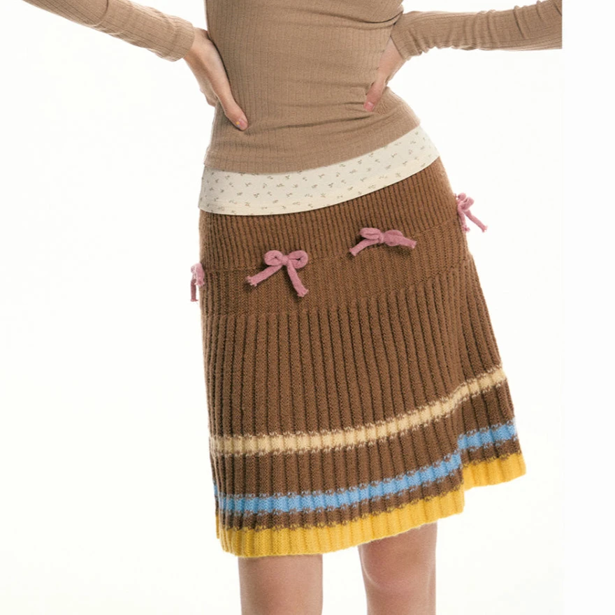 Spring and Autumn Color Matching Vintage Wool Bow A-shaped Skirt Minority Design Sweet Joker Sweater Skirt