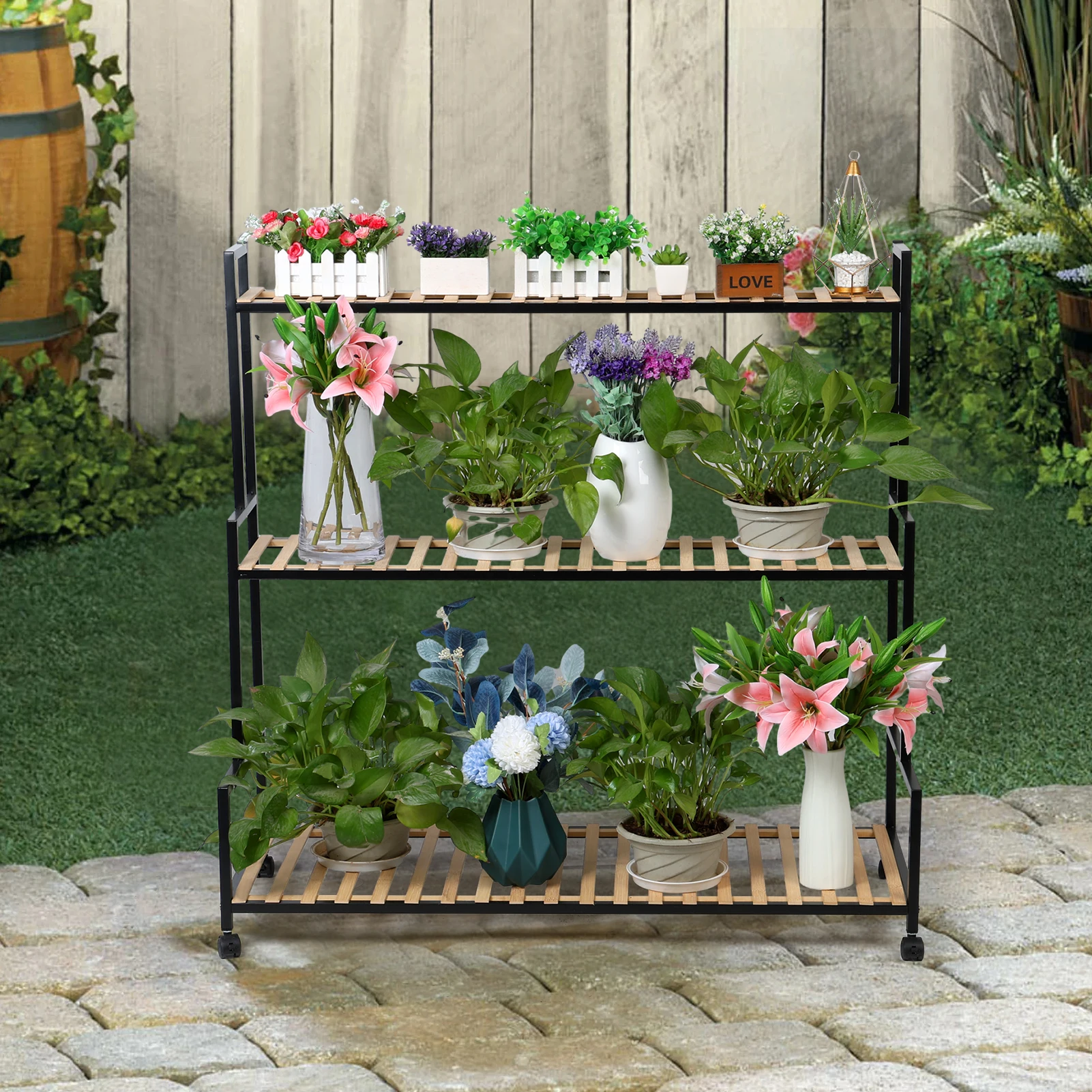 

Flower Stand with Wheels, Rolling Flower Shelf Indoor Outdoor Metal Plant Rack with Solid Wood for 3 Tier Ladder Flower Shelf fo