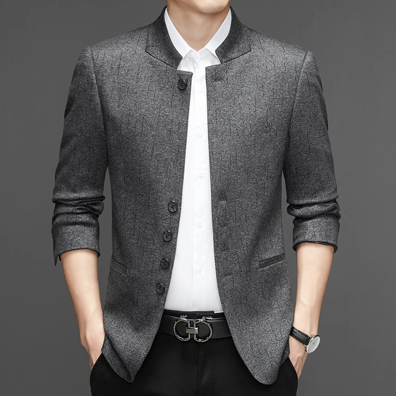 High-Quality Fashionable Men's Autumn Winter Plaid Suit Jacket Stand Collar Casual Tailored Single-Breasted Grey Business Top