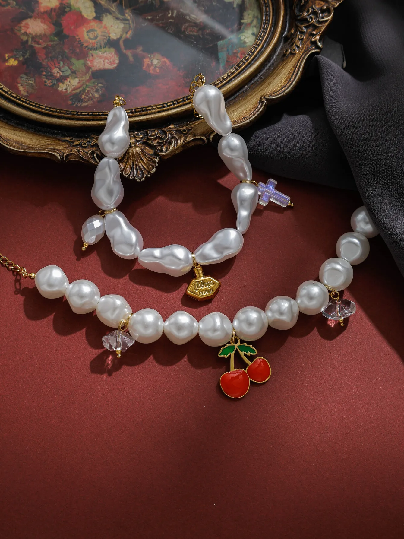 قلادة محفورة بشكل لطيف، صليب ماسي، قلادة كرزية، سوار سلسلة من اللؤلؤ، سلسلة ذهبية مكتنزة، مجوهرات عصرية وساحرة #3