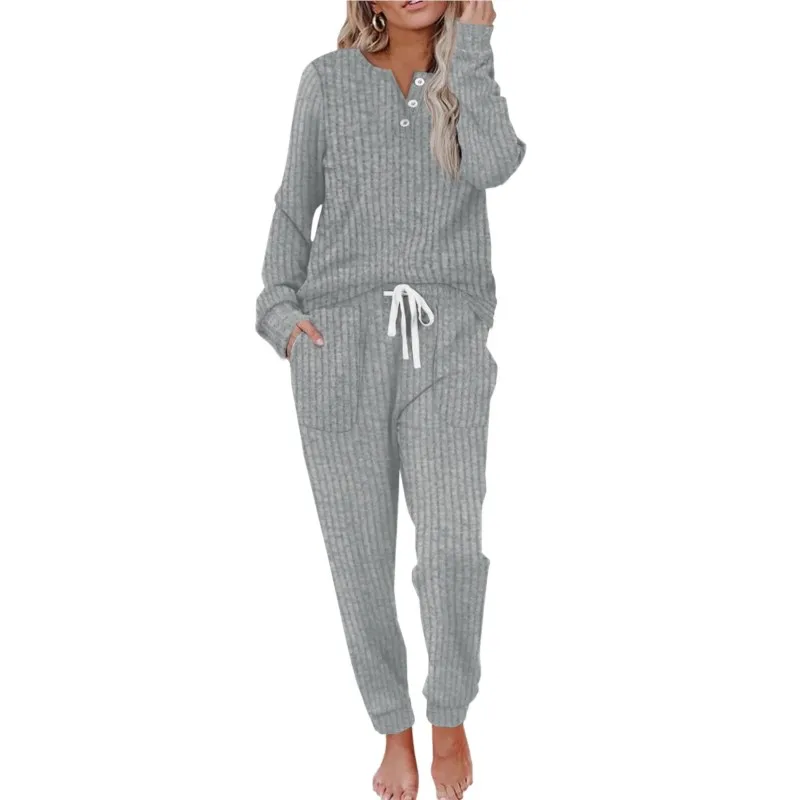 Casa casual feminino 2 peça conjunto 2025 outono inverno malhas calças terno pijamas com nervuras conjunto homewear loungewear outfits