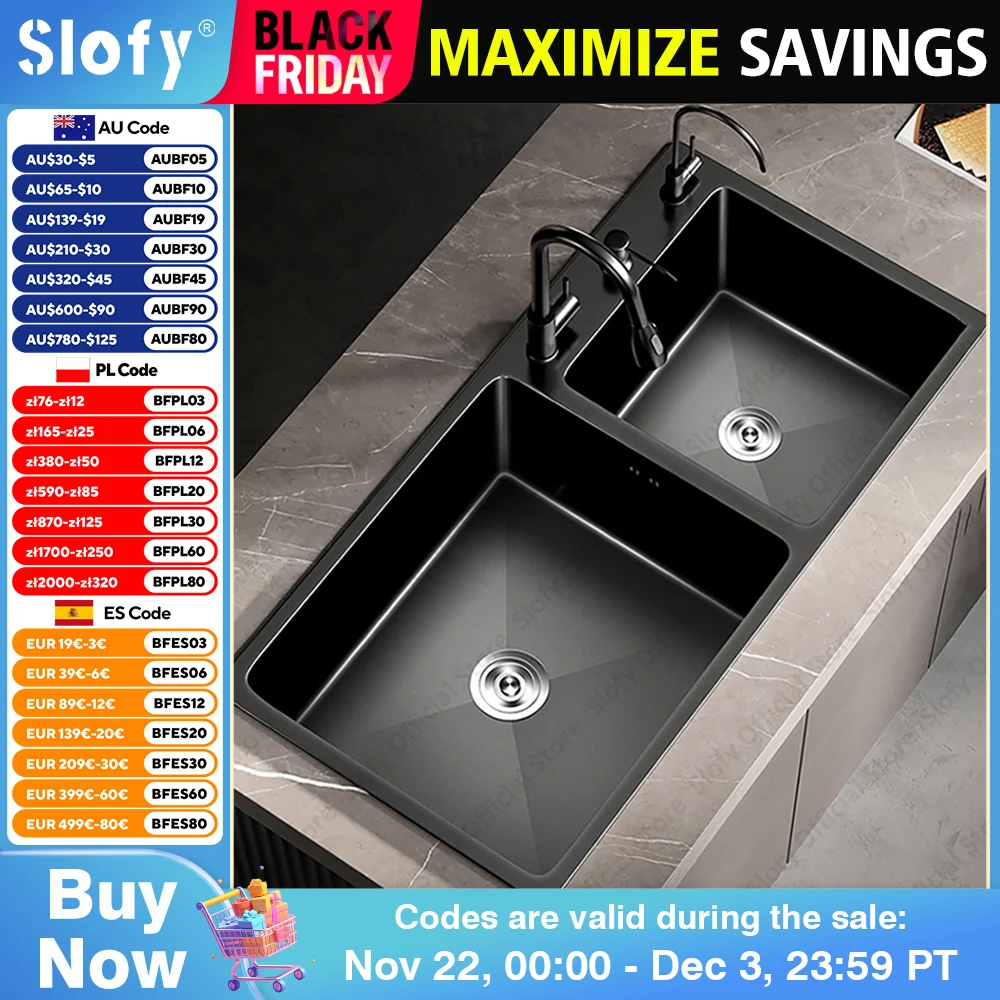 Black Stainless Steel Kitchen Sink Large Capacity Double Sink Thickened Handmade Workstation With Faucet And Telescopic Basket