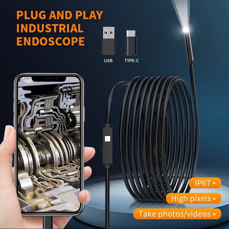 

HD 2MP USB Industrial Endoscope Camera Single Lens Mini Inspection Camera for Android/PC Waterproof Pipeline Borescope Type C