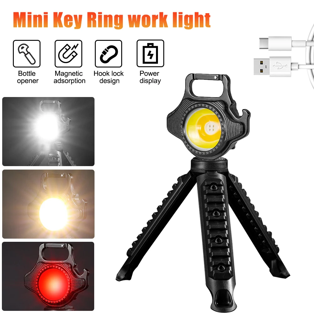 

Mini LED Flashlight Key Chain Work Light USB Rechargeable 6-Mode 3 Colors Cob Outdoor Camping Small Emergency Light With Tripod