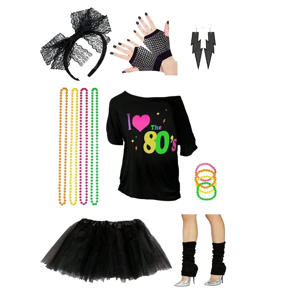 

Women 80s Costume Accessories Set 1980s Outfit T-Shirt Tutu Hip Pop Disco Party costume 80s outfit 1980s costume