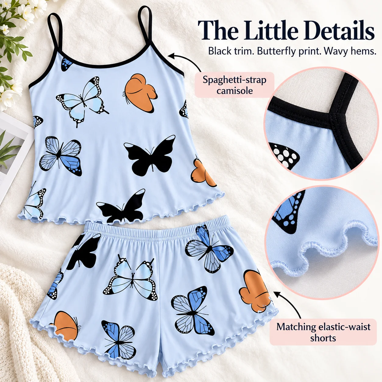 Women's Butterfly Print Camisole and Shorts Pajama Set Lettuce Trim Elastic Waist Sleeveless Sleepwear in Sizes S to XXXL