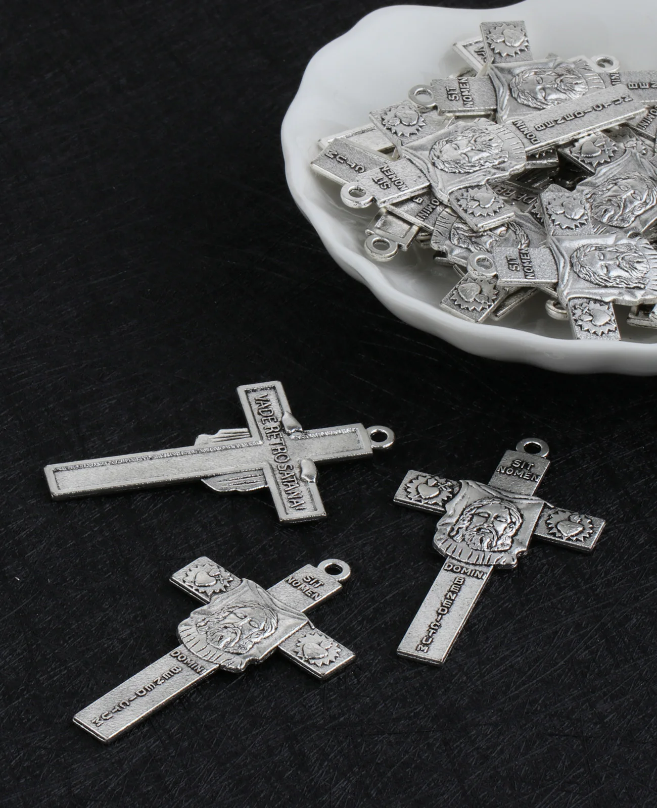 Diyalo 3Pcs/Lot Holy Face Reparation Cross Exorcism Sit Nomen Domini Benedictum Pendant DIY Rosary Chaplet Jewelry Making Parts