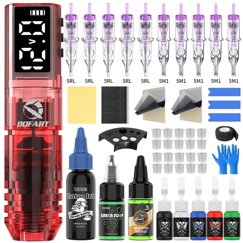 Nuova Macchina per Tatuaggi Elettrica Wireless DQFART Rossa P1 con Display Digitale a LED, Kit per Tatuaggi con Aghi per Inchiostro, per Principianti