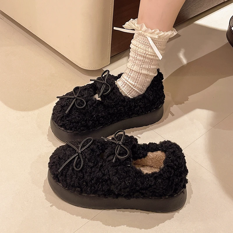 Winter New Flat Shoes Women's Fashion Round Head Suede Butterfly Knot Soft Sole Non-slip Thick Sole Woolen Shoes