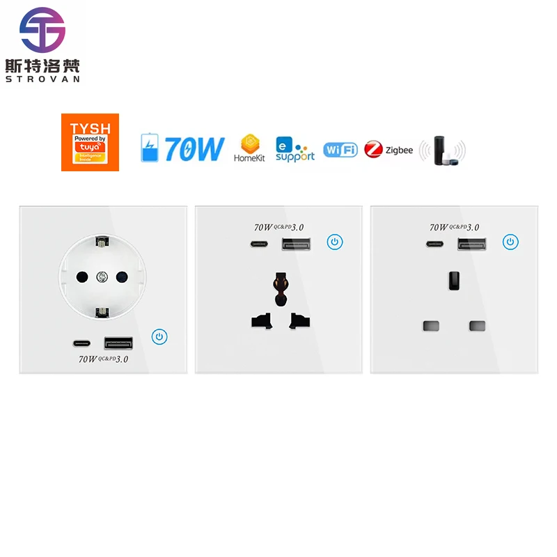 STLF Tuya Smart Wifi/zigbee Univercail Socket Caricatore rapido da 70 W con presa a muro intelligente standard USB Type C UE/USA/UK