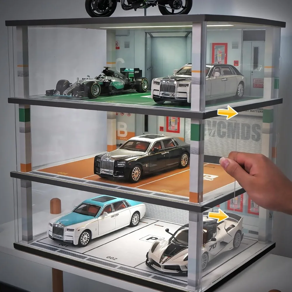 عرض ساخن - علبة عرض سيارة نموذجية بمقياس 1:18 جراج ديوراما دييكاست مع أضواء لمقتنيات السيارات المصنوعة من سبيكة ليغو الخشبية #4