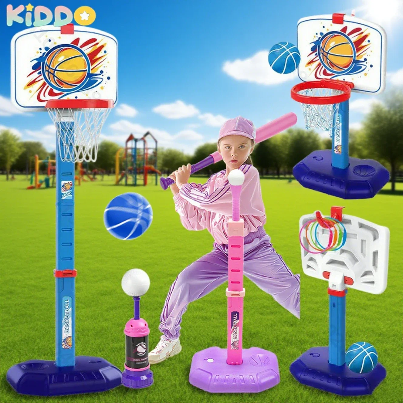 

4 in 1 Toddler Adjustable Basketball Shooting 77-140CM Stand Baseball Rack for Kids Outdoor Indoor Sports Backboard