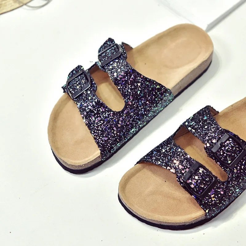 2024 New Summer Trend Sequins Parent-child Children\'s Slippers Women\'s Double Buckle Flip Flops Cork Slippers Women\'s Sandals