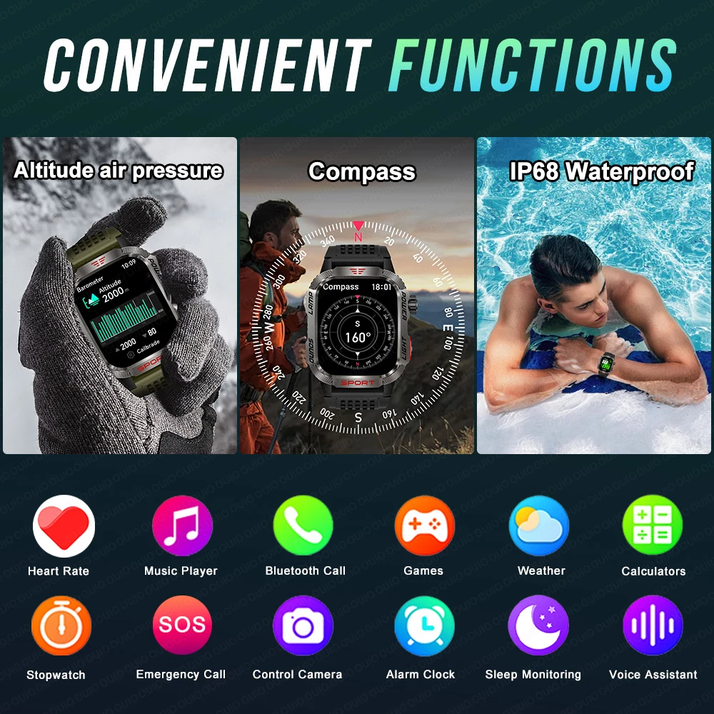 New Rugged Military Smart Watch Men For Xiaomi 3ATM Waterproof 600Mah Battery Compass LED Flashlight Bluetooth Call Smartwatch