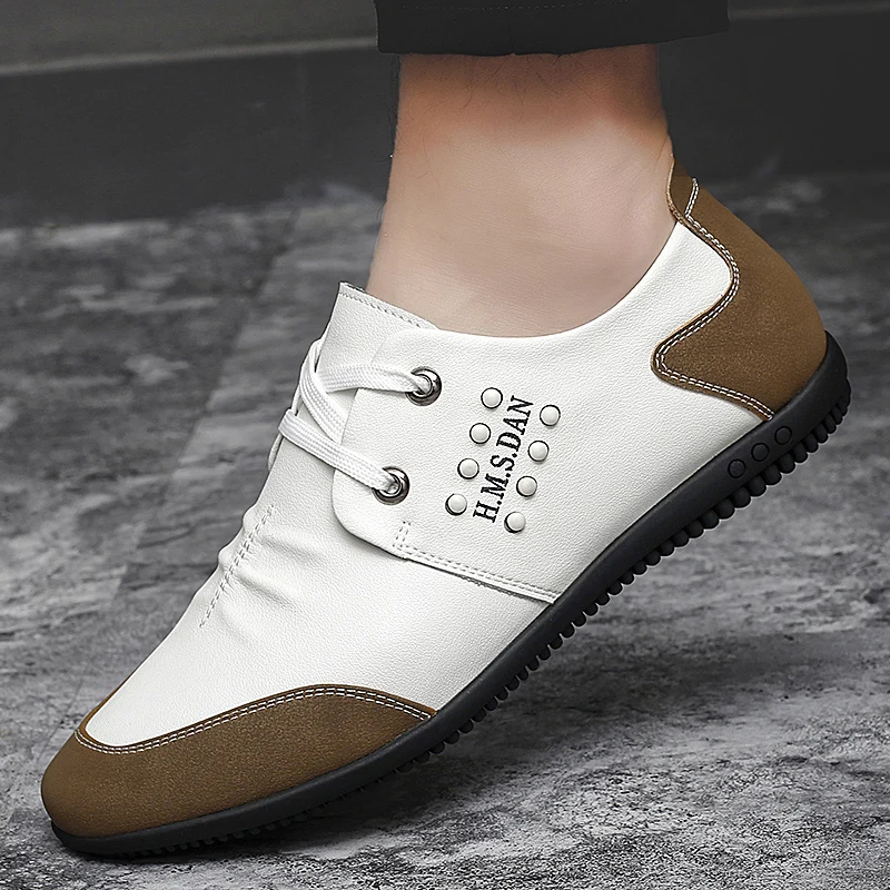 Plain weave men's casual leather shoes men's 2024 summer trend breathable soft casual fashion breathable British pea shoes