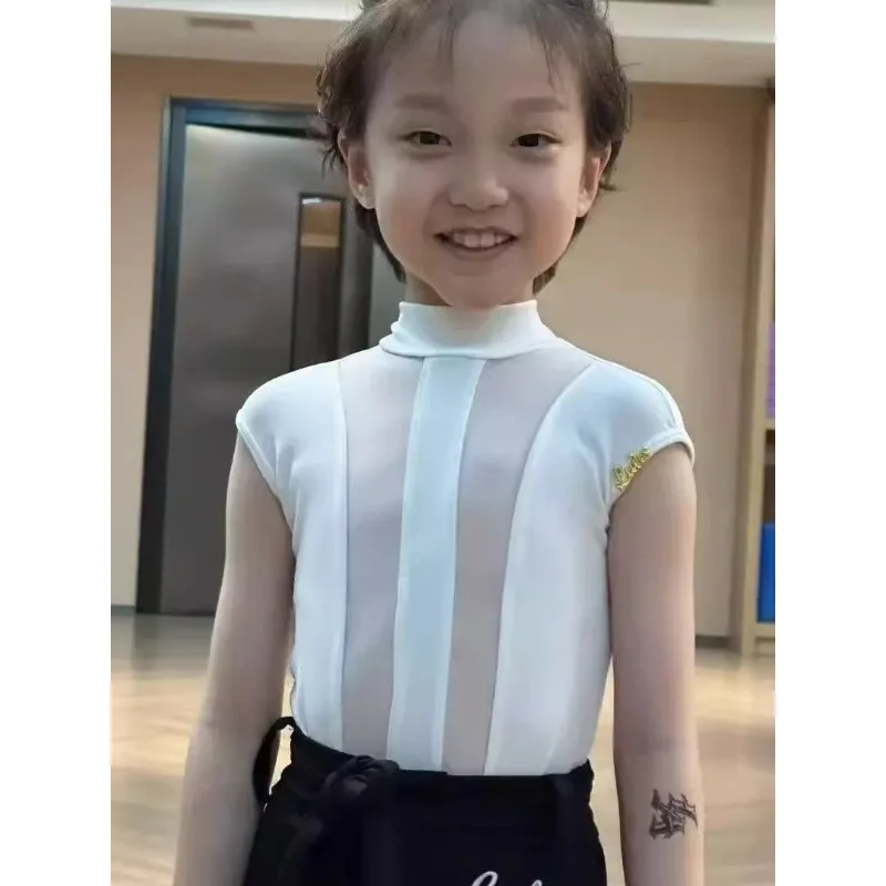 맞춤형 어린이 라틴 댄스복 소년용 메쉬 민소매 상의와 바지 연습복