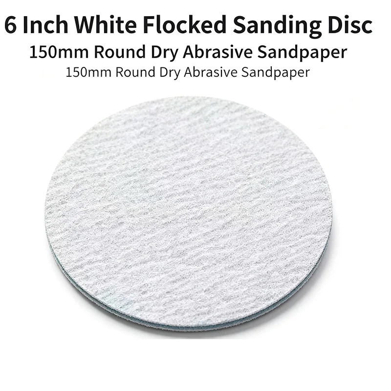 6 Inch 150mm White Aluminum Oxide Hook & Loop Sanding Discs, Dry Use Flocking Round Sandpaper for Wood Car Paint Metal Polishing