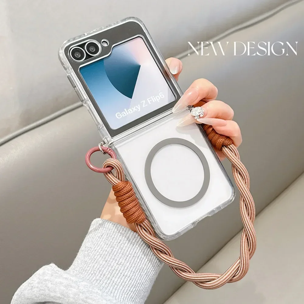 Para magsafe capa de telefone magnética com alça de pulso para samsung galaxy z flip 6 5 4 3 flip6 flip5 flip4 flip3 5g capa transparente