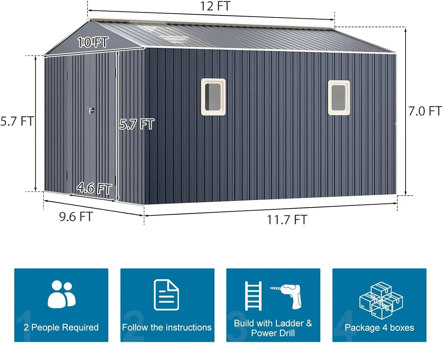Outdoor Metal Storage Shed 10x12 FT with Floor Frame Clear Roof Vent Lockable Door Garden Backyard Patio, Customized