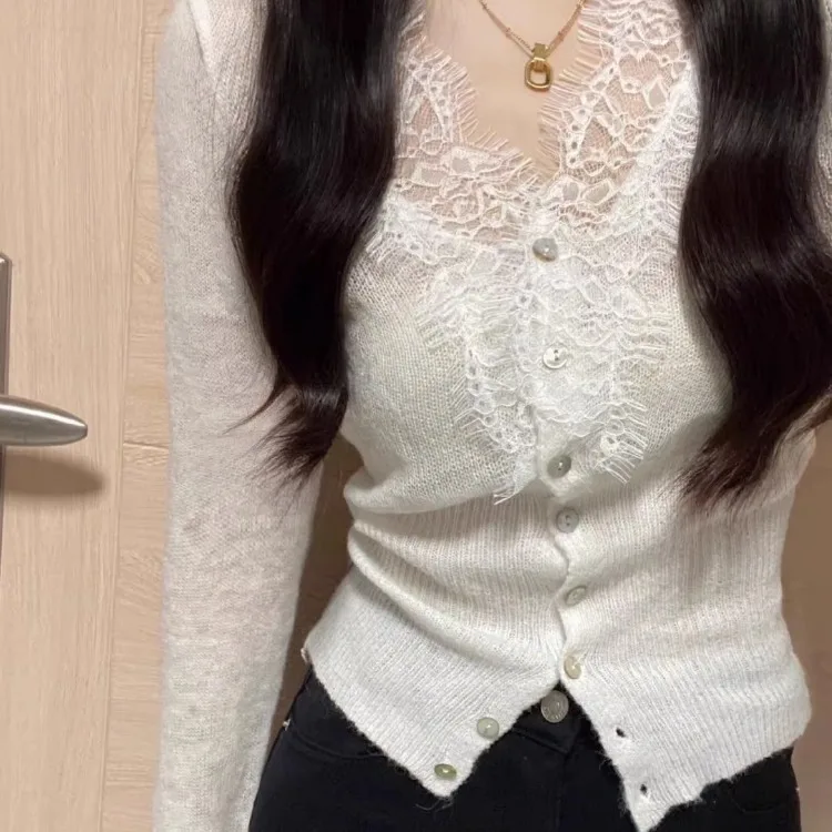 Sexy White V-neck Lace Knitted Tops Women 2024 Spring Autumn New Bottoming Cardigan Y2k Slim Fit Long Sleeve Sweaters Mujer