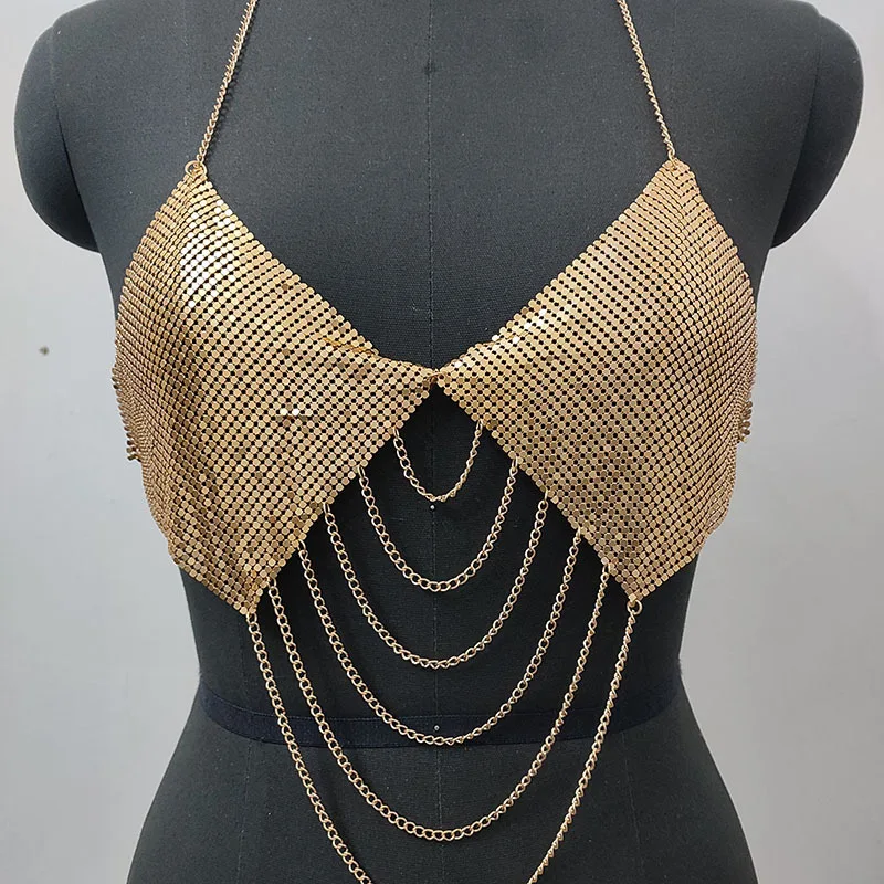 Skl 000198   Gilet con catena in metallo multistrato per feste, canotta seducente senza schienale, abbigliamento accessorio da donna, reggiseno alla moda