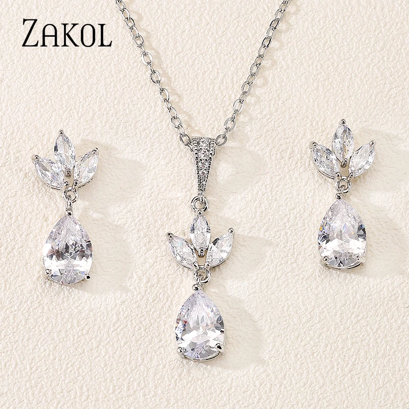 ZAKOL Classic Leaf Water Drop CZ Cubic Zirconia Necklace Earrings Temperament Luxury Jewellery Sets for Women Wedding Gifts