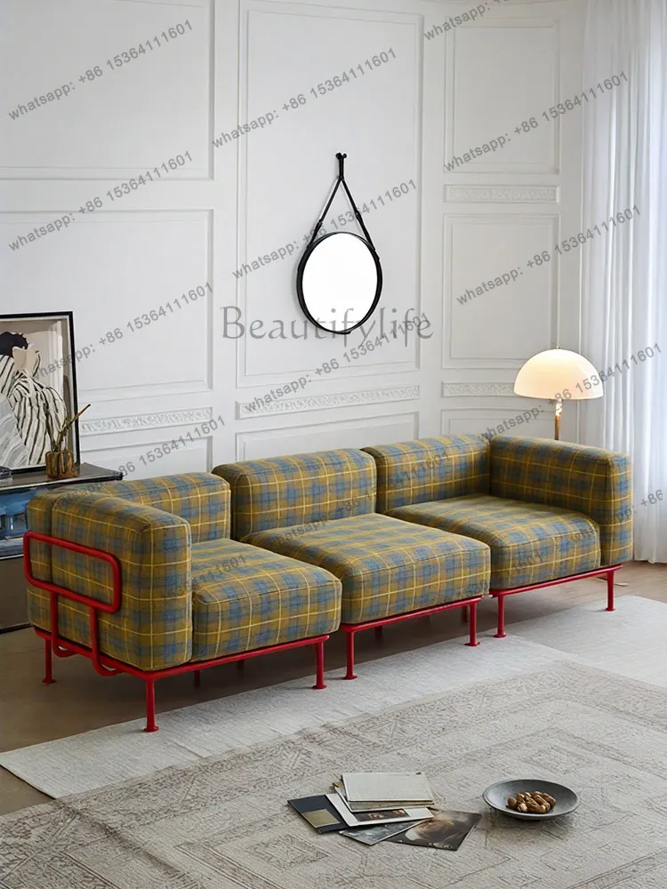 French cream wind small apartment module reception cotton and linen plaid dopamine sofa