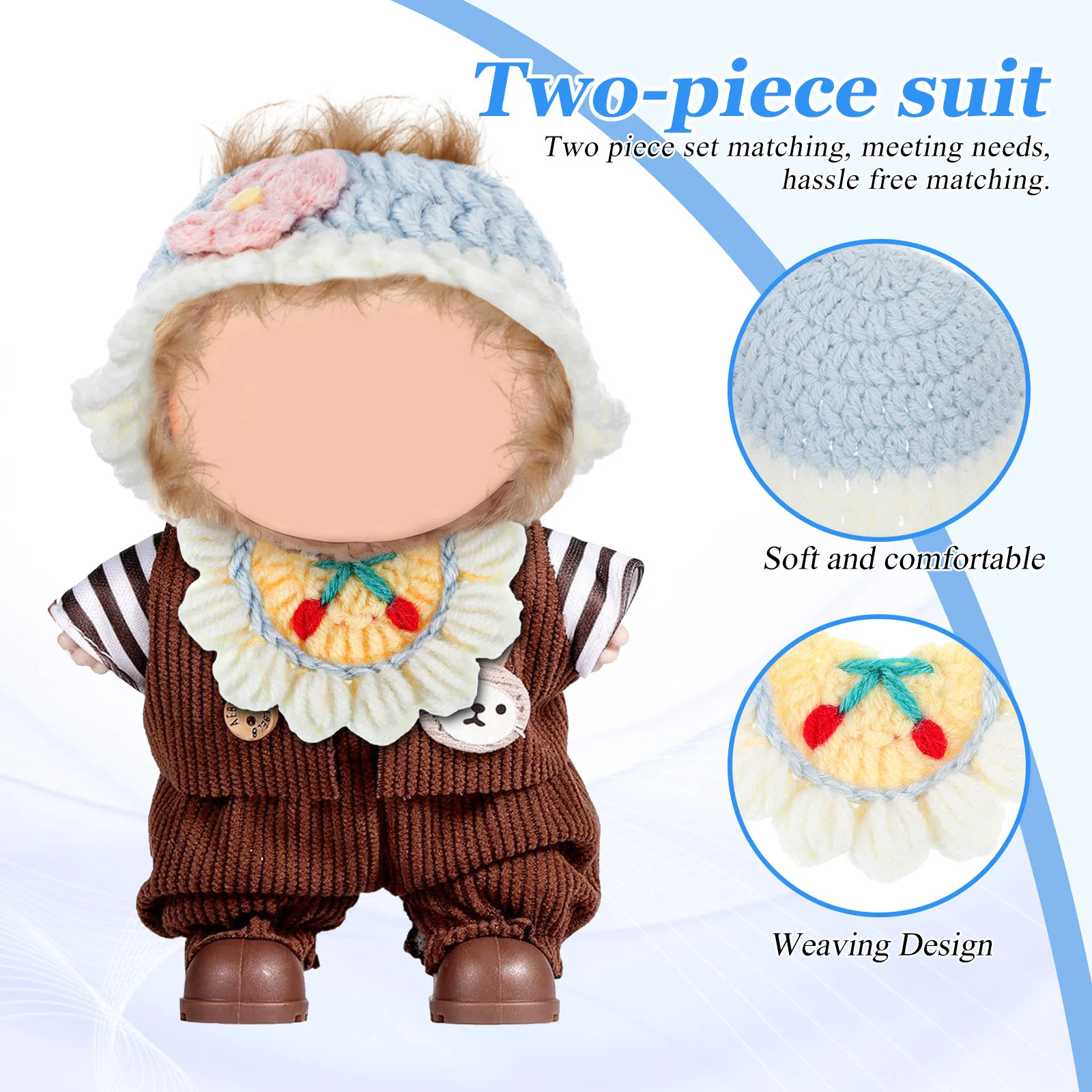 1Set Zacht Comfortabel Ontwerp Baby-outfits Miniatuurkleding Accessoires Gebreide muts Bandana Slabbetje voor 17 cm aankleden