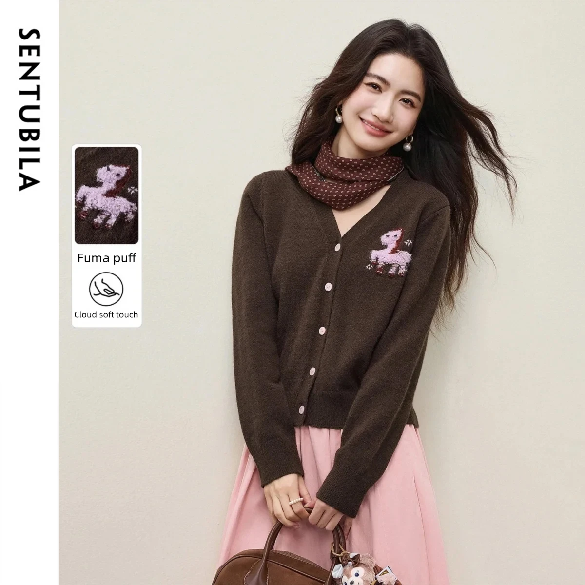 

SENTUBILA Women's Short Cardigan Casual Long Sleeve Knit Tops Embroidery Knitwear 2025 Autumn Winter Woman Clothing W54EB4947