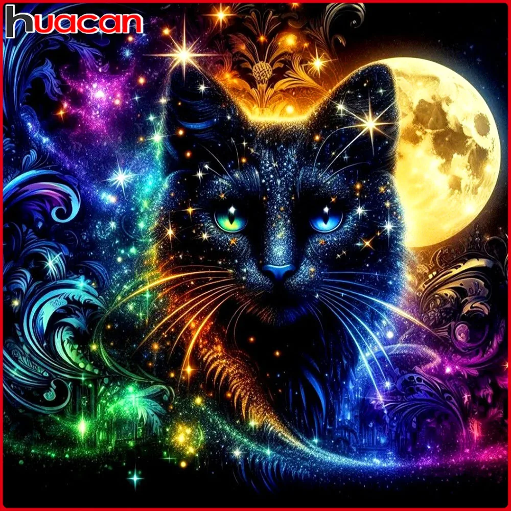 Huacan Volldiamantgemälde, schwarze Katze, Mond, Diamantmosaik, Tierlandschaft, neue Kollektion 2025, Geschenk