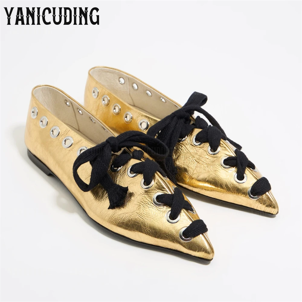 

Black Gold Leather Lace-Up Ballerinas Cross Straps Metallic Eyelets Slip on Leather Shoes Designer Style Pointed Toe Women Flats