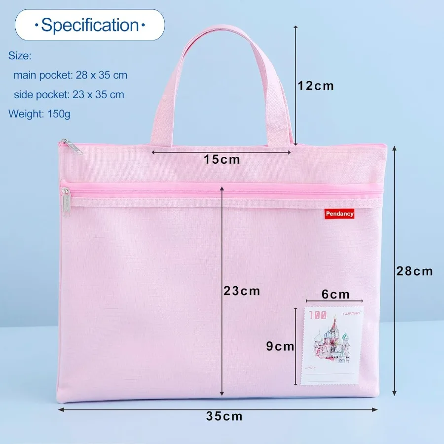 Pendancy Mesh Zipper Pouch 11x13.7 in Large Double Pocket Waterproof File Bag with Handle A4 Size Foldable Document Storage for