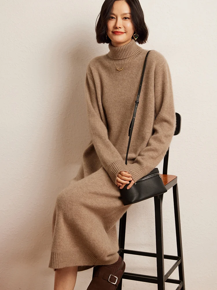 

100% Cashmere Sweater Long Dress New Women High Turn-down Collar Pullover Soft Cosy Autumn Winter Casual Solid Knitwear Dress