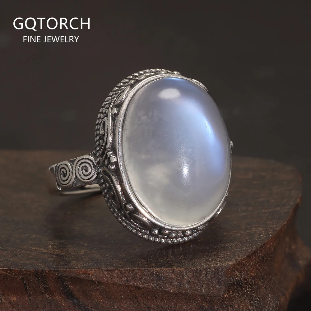 Stamped 925 Sterling Silver Moonstone Ring for Women 12*16mm Oval-Shaped Natural Gemstone Carved Flower Adjustable Vintage Ring