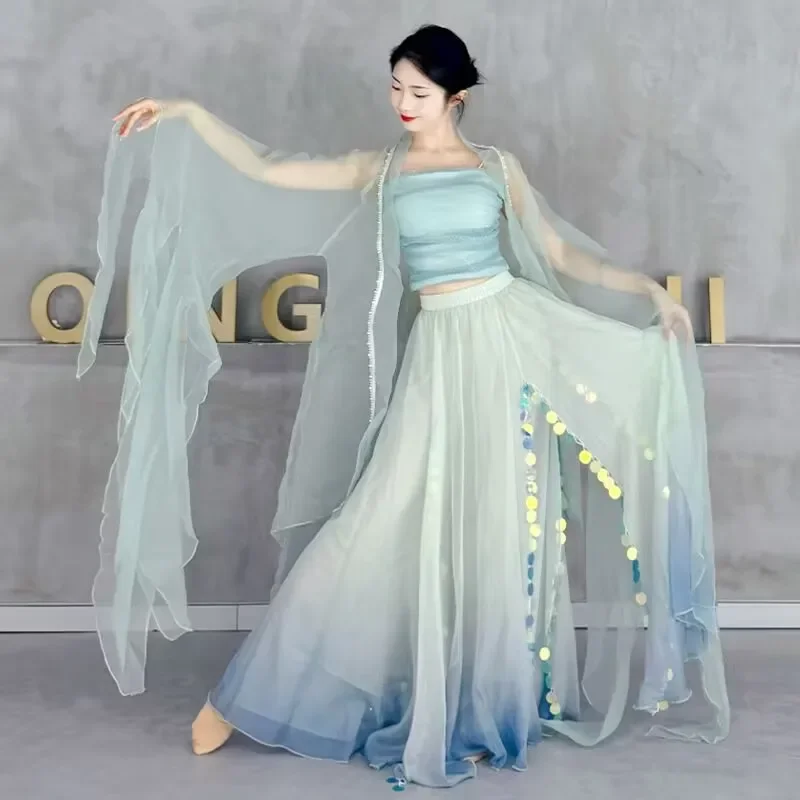 Chinese Classical dancer performance costumes elegant cardigan practice clothes body rhyme long outer Chinese style folk dance