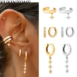 YUXINTYOME 925 Sterling Silver Ear Needle set with diamond star hoop earrings for women ear clip retro Fashion Wedding Jewelry