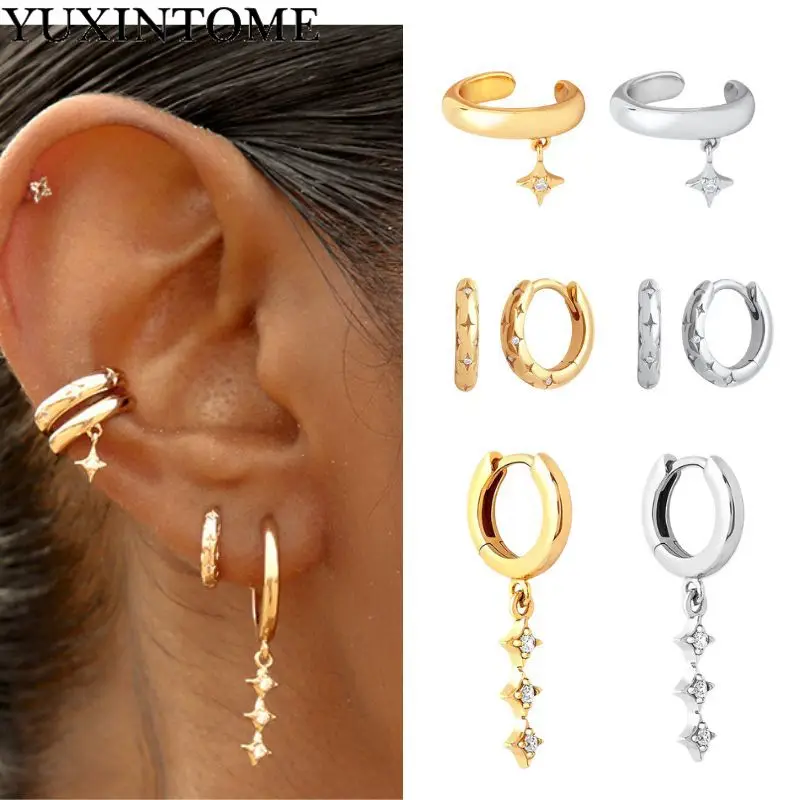 YUXINTYOME 925 Sterling Silver Ear Needle set with diamond star hoop earrings for women ear clip retro Fashion Wedding Jewelry